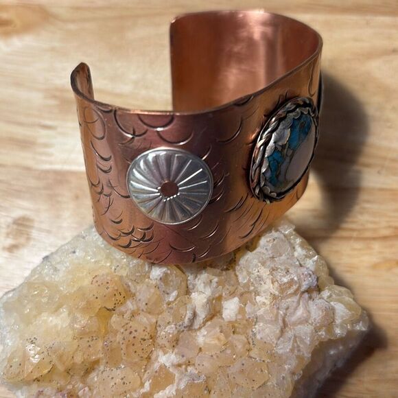 Bracelet, Turquoise & Opal Copper Cuff, NEW, sterling accents, Handmade, Artisan - Picture 5 of 12